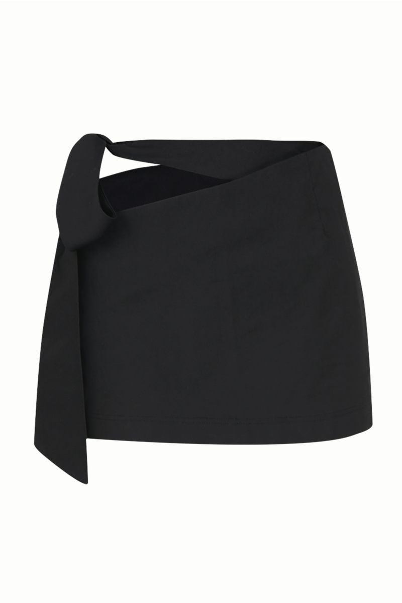 Black Cotton Tie Belt Mini Skirt