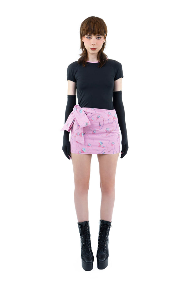 Pink Cotton Tie Belt Mini Skirt