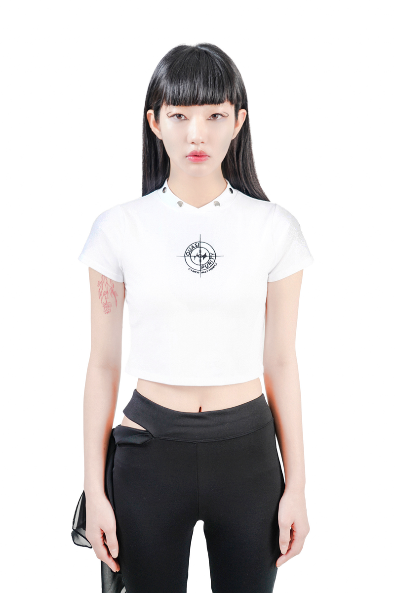 Embroidered Crop Top With Studded Collar