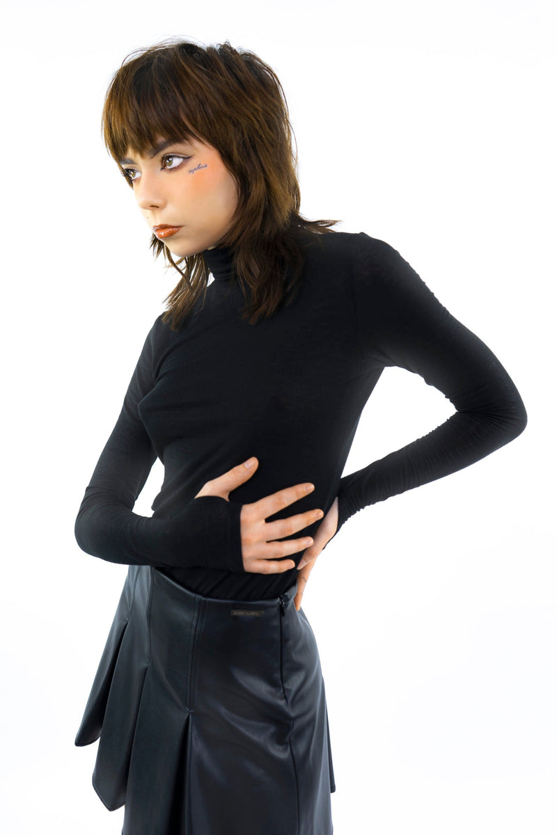 Black Godet Pleated Vegan Leather Skirt