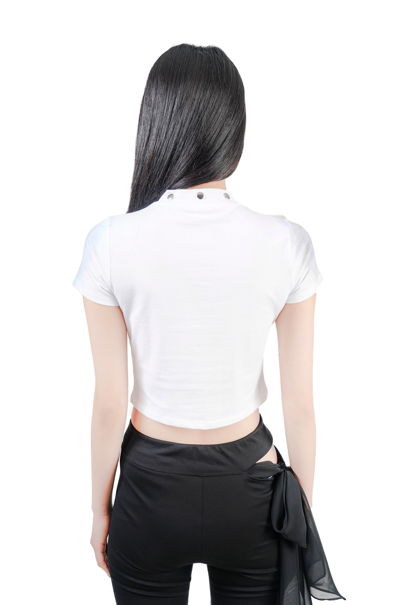 Embroidered Crop Top With Studded Collar