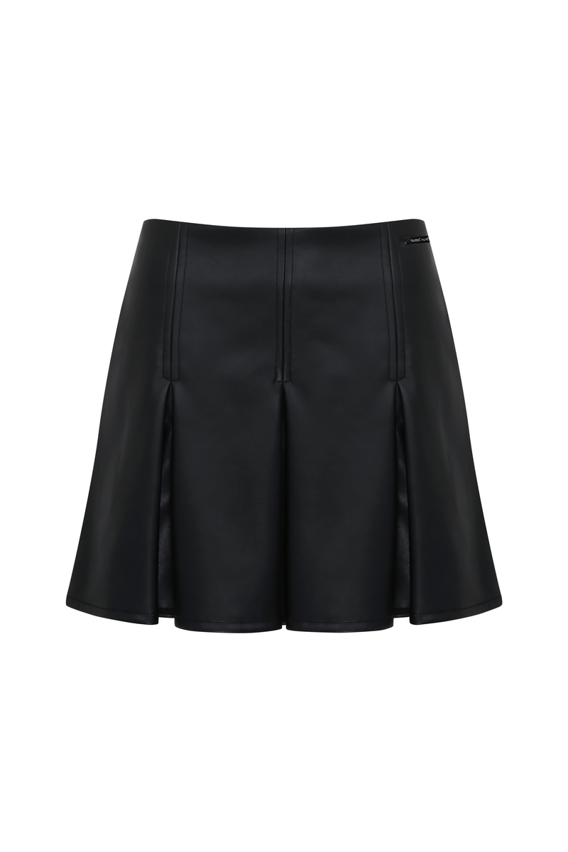 Black Godet Pleated Vegan Leather Skirt