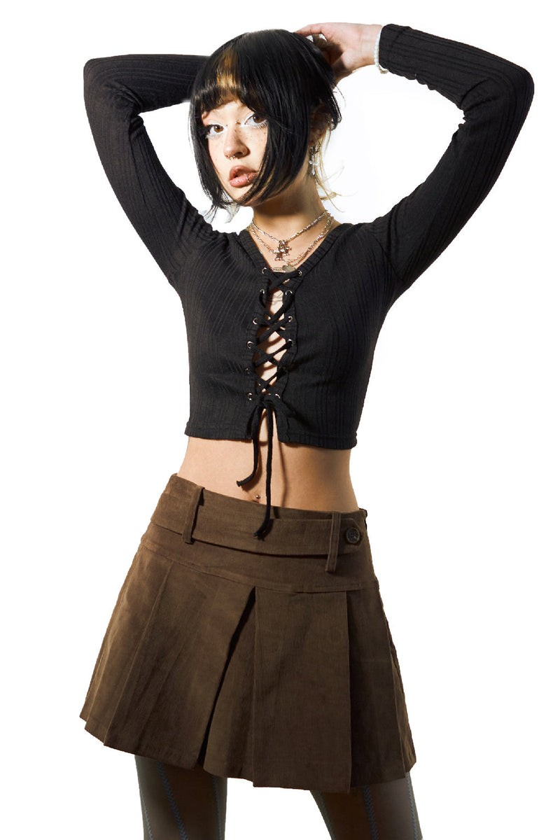 Pleated Corduroy Belt Skirt Brown