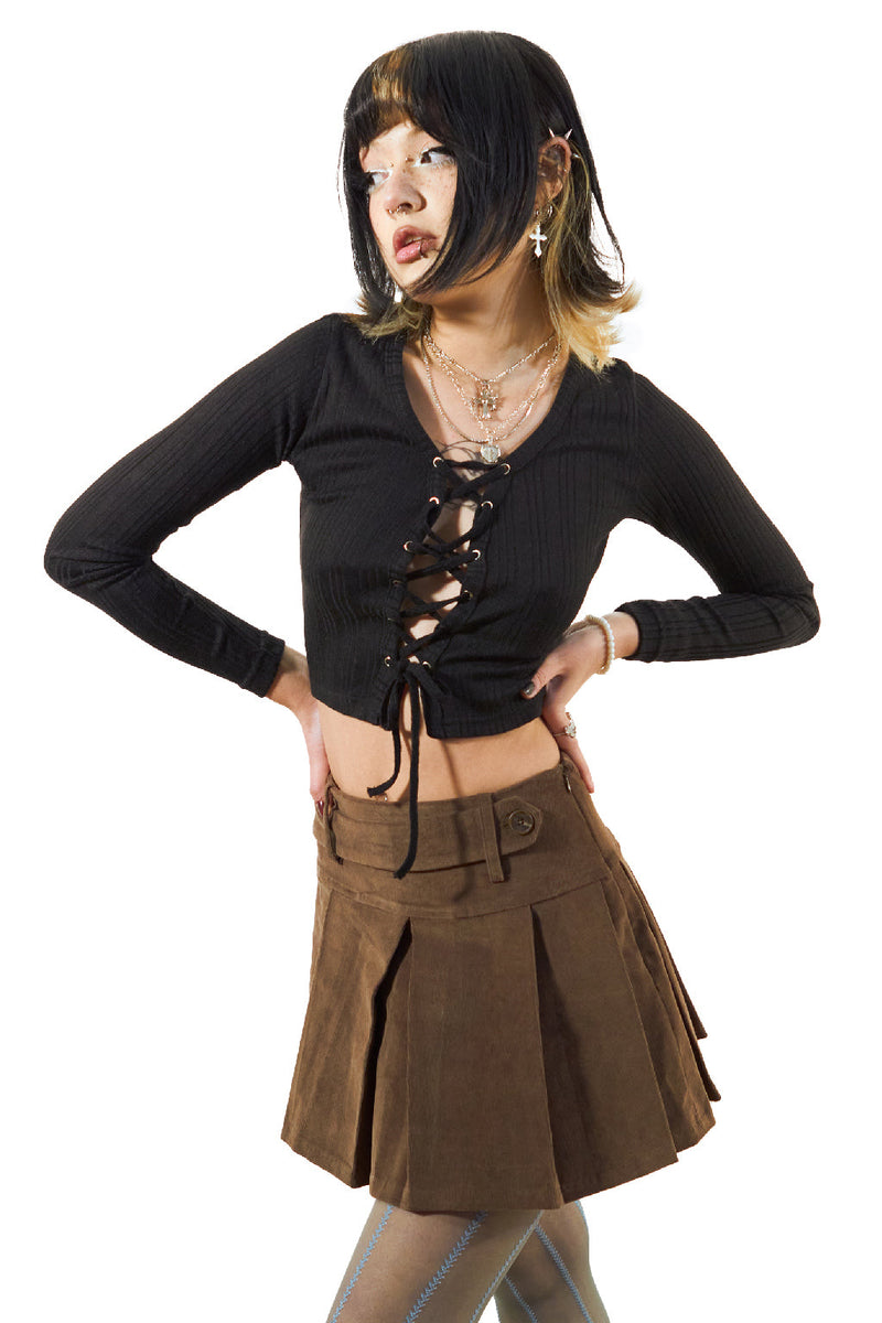 Pleated Corduroy Belt Skirt Brown
